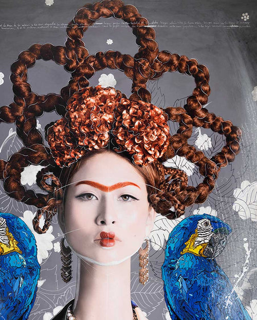 Ginger Haired Frida with Blue Macaws