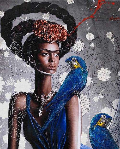 Black Frida Seated with Blue Macaws