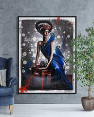 Black Frida Seated with Blue Macaws