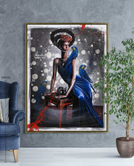 Black Frida Seated with Blue Macaws